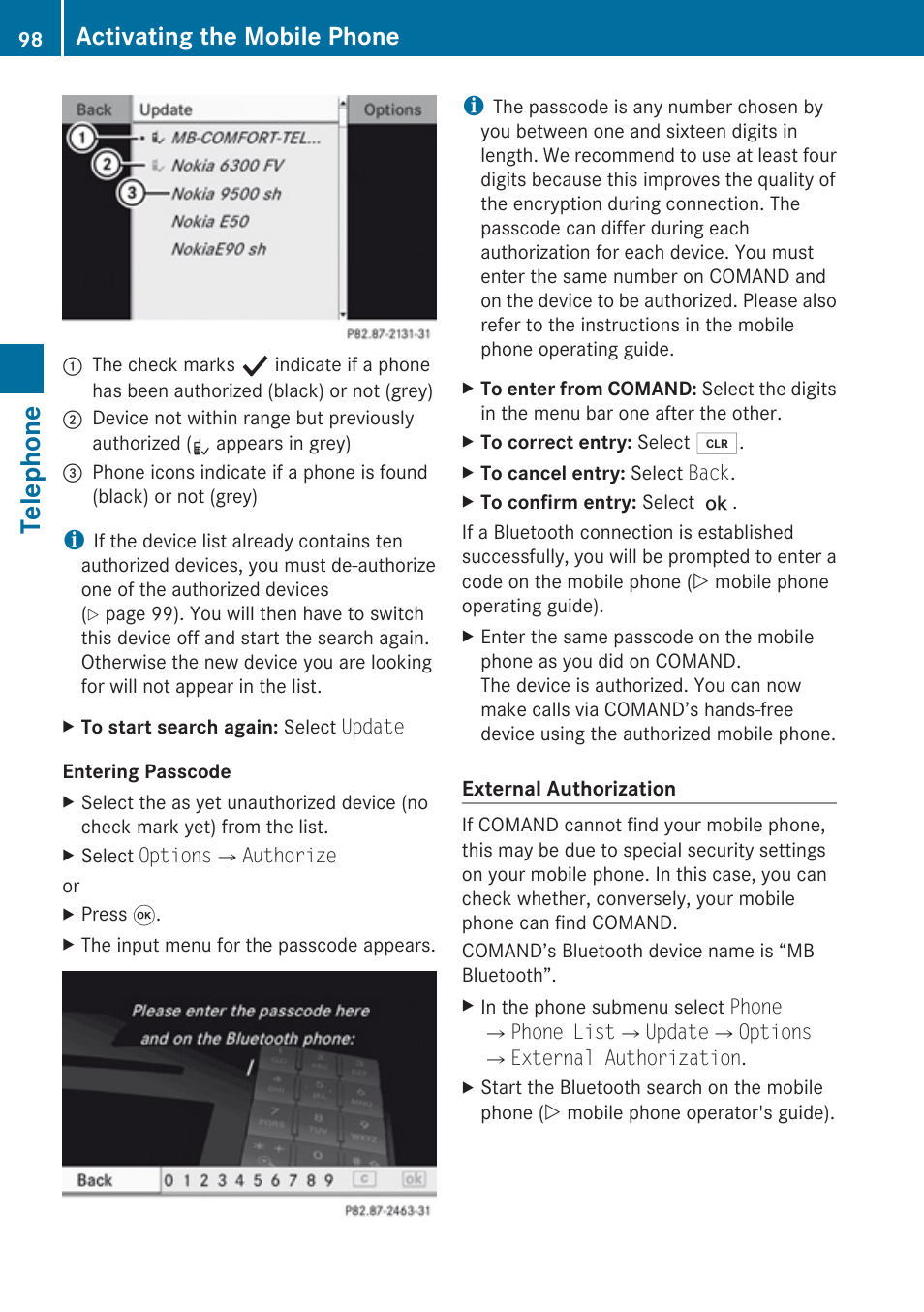 Telephone, Activating the mobile phone | Mercedes-Benz SLK-Class 2009 COMAND Manual User Manual | Page 100 / 220