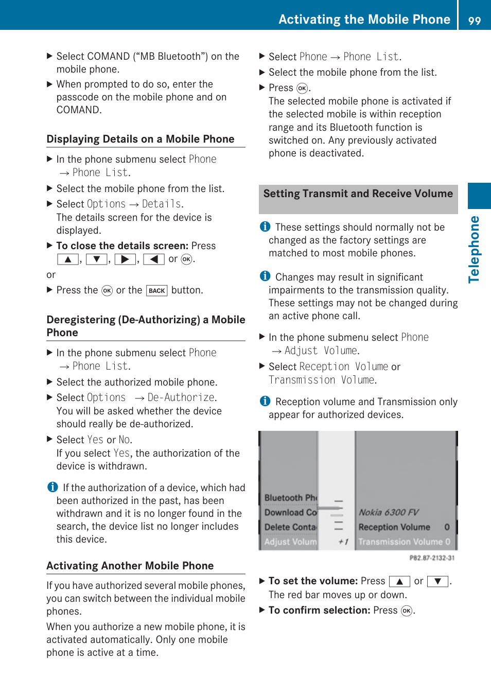 Setting transmit and receive volume, Telephone, Activating the mobile phone | Mercedes-Benz SLK-Class 2009 COMAND Manual User Manual | Page 101 / 220