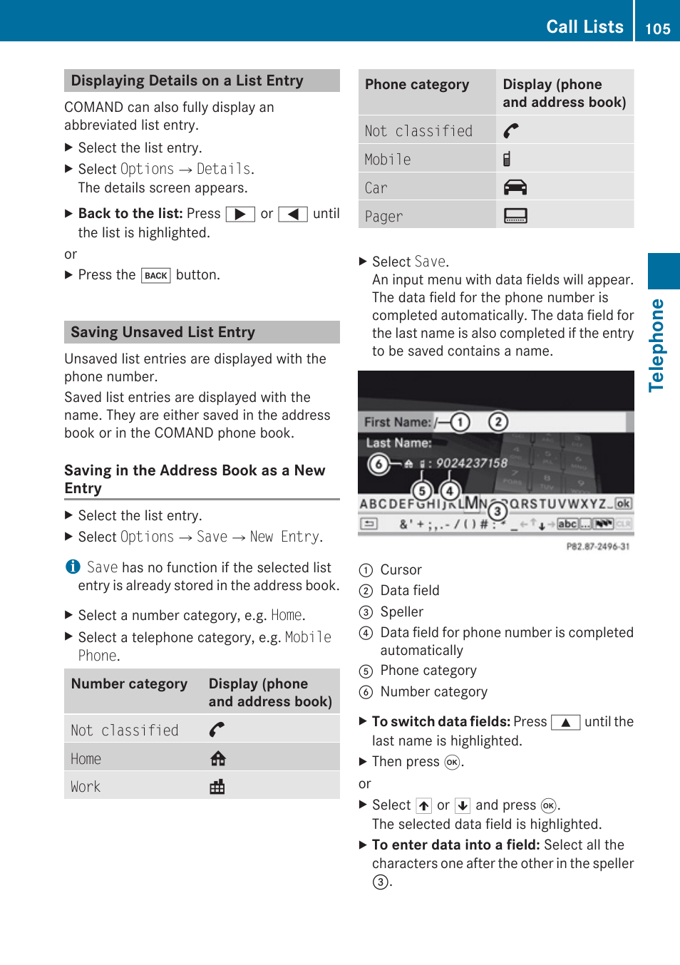 Displaying details on a list entry, Saving unsaved list entry, Telephone | Call lists | Mercedes-Benz SLK-Class 2009 COMAND Manual User Manual | Page 107 / 220