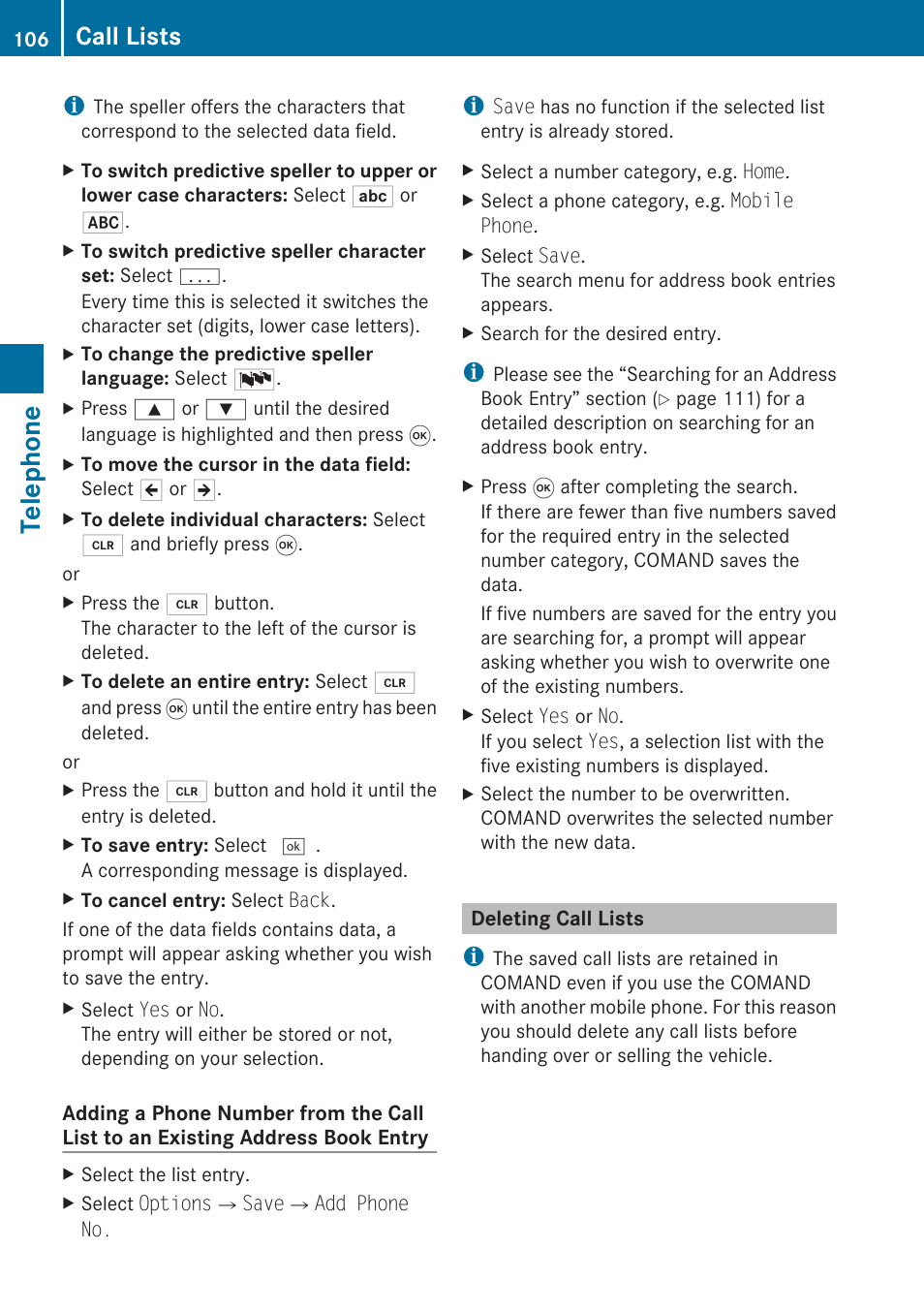 Deleting call lists, Telephone, Call lists | Mercedes-Benz SLK-Class 2009 COMAND Manual User Manual | Page 108 / 220