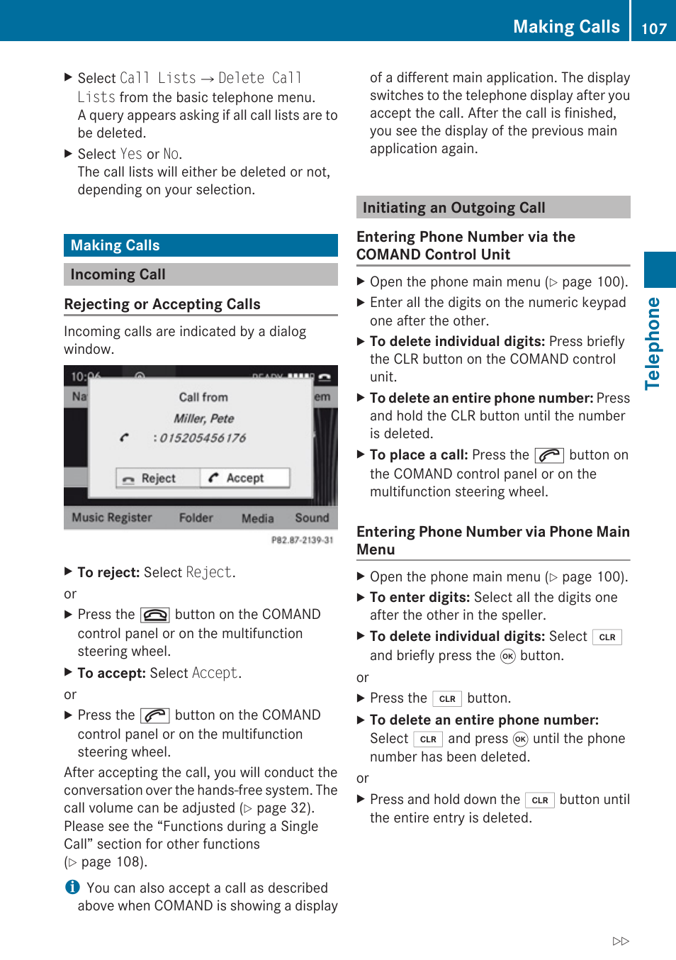 Making calls, Incoming call, Initiating an outgoing call | Unit, Telephone | Mercedes-Benz SLK-Class 2009 COMAND Manual User Manual | Page 109 / 220