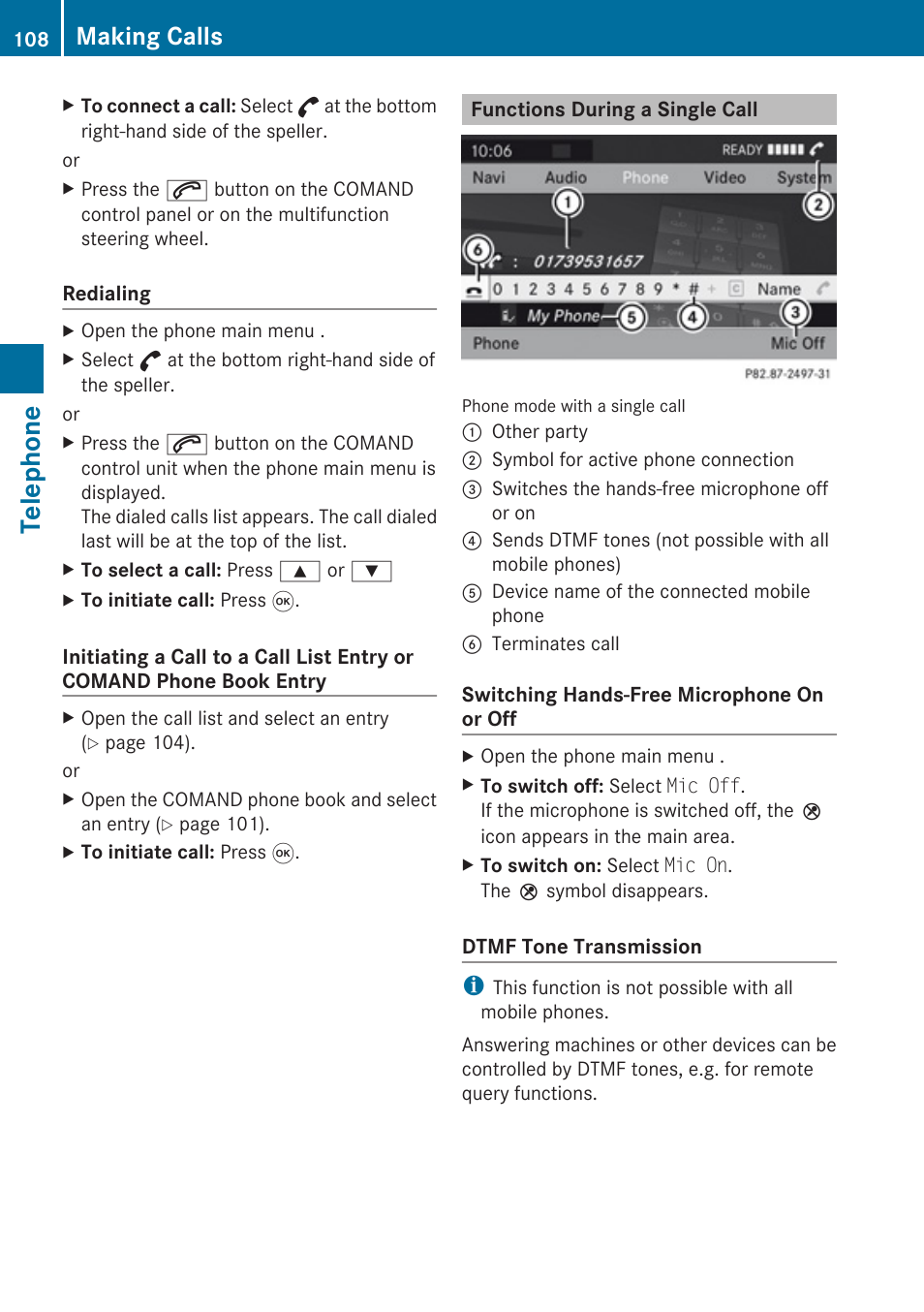 Functions during a single call, Telephone, Making calls | Mercedes-Benz SLK-Class 2009 COMAND Manual User Manual | Page 110 / 220