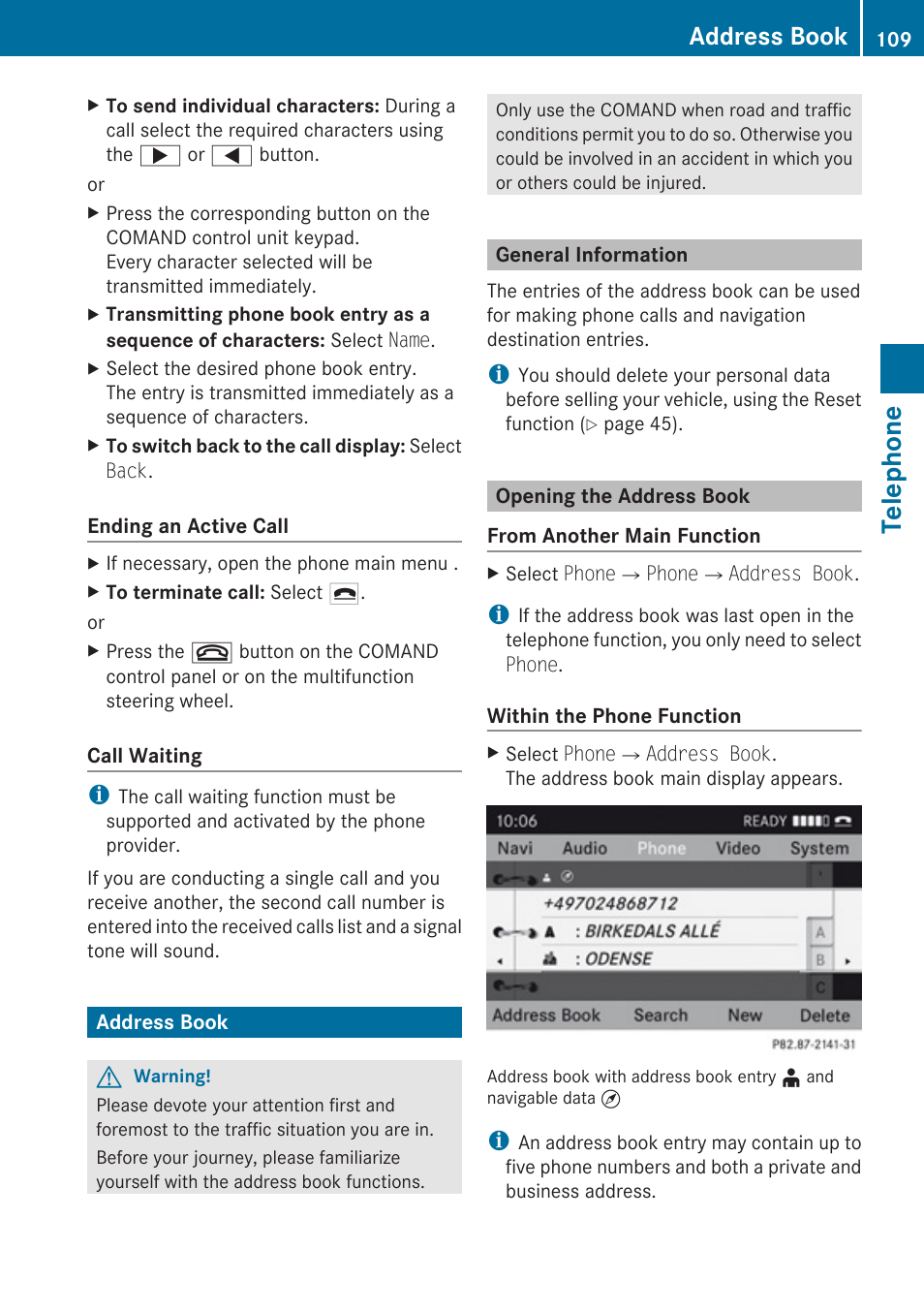 Address book, General information, Opening the address book | Telephone | Mercedes-Benz SLK-Class 2009 COMAND Manual User Manual | Page 111 / 220