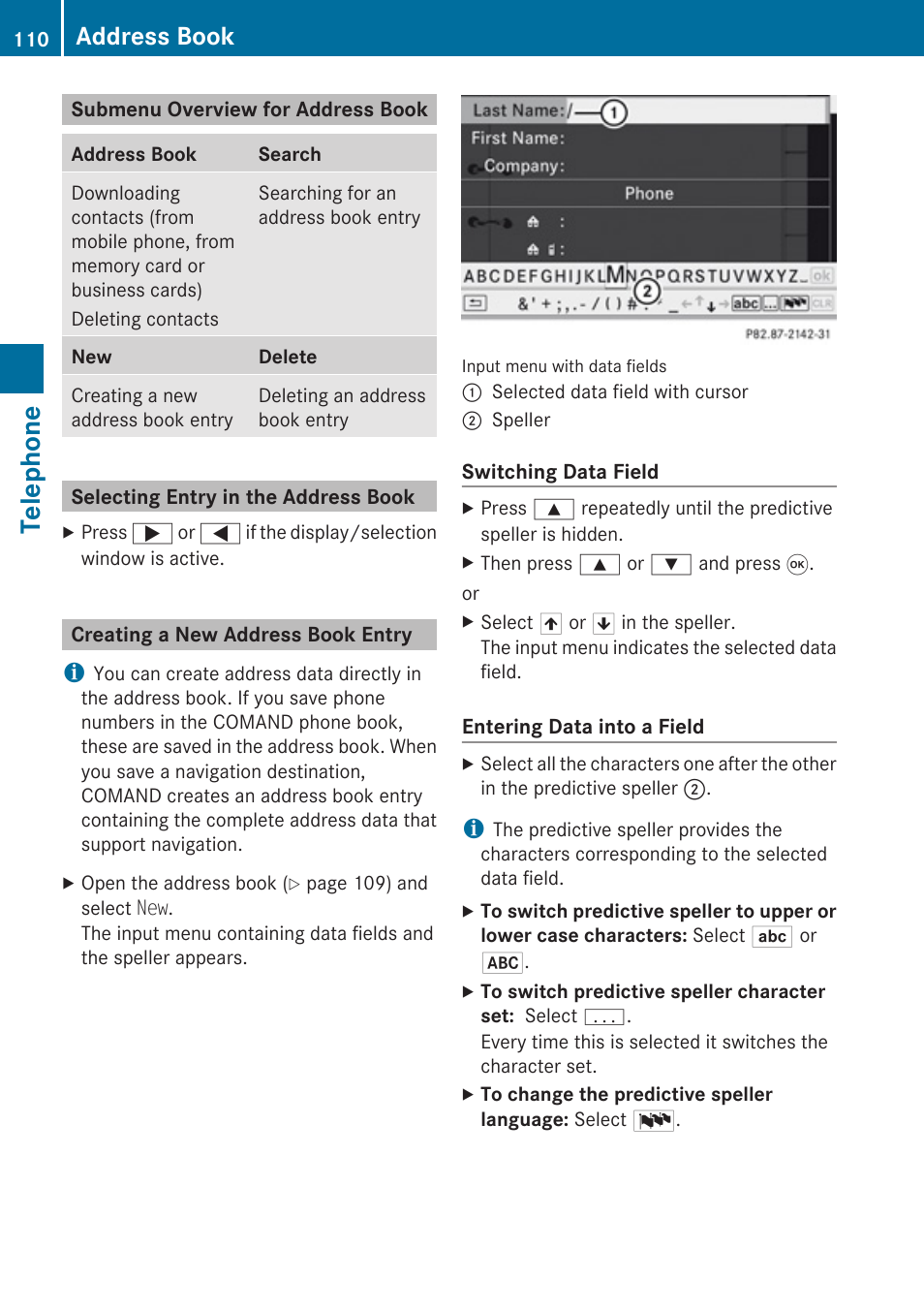 Submenu overview for address book, Selecting entry in the address book, Creating a new address book entry | Telephone, Address book | Mercedes-Benz SLK-Class 2009 COMAND Manual User Manual | Page 112 / 220