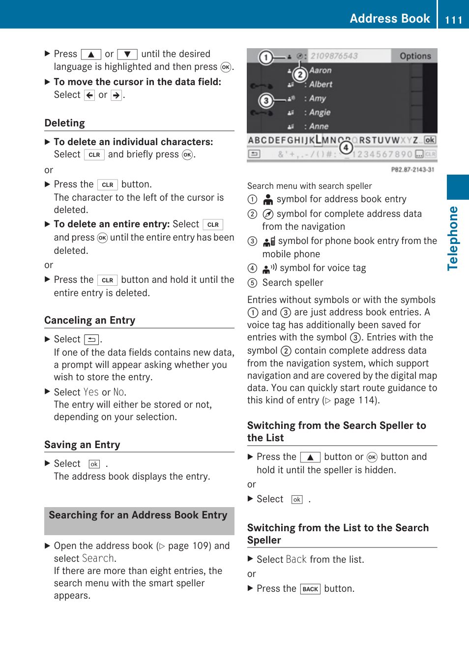 Searching for an address book entry, Telephone, Address book | Mercedes-Benz SLK-Class 2009 COMAND Manual User Manual | Page 113 / 220