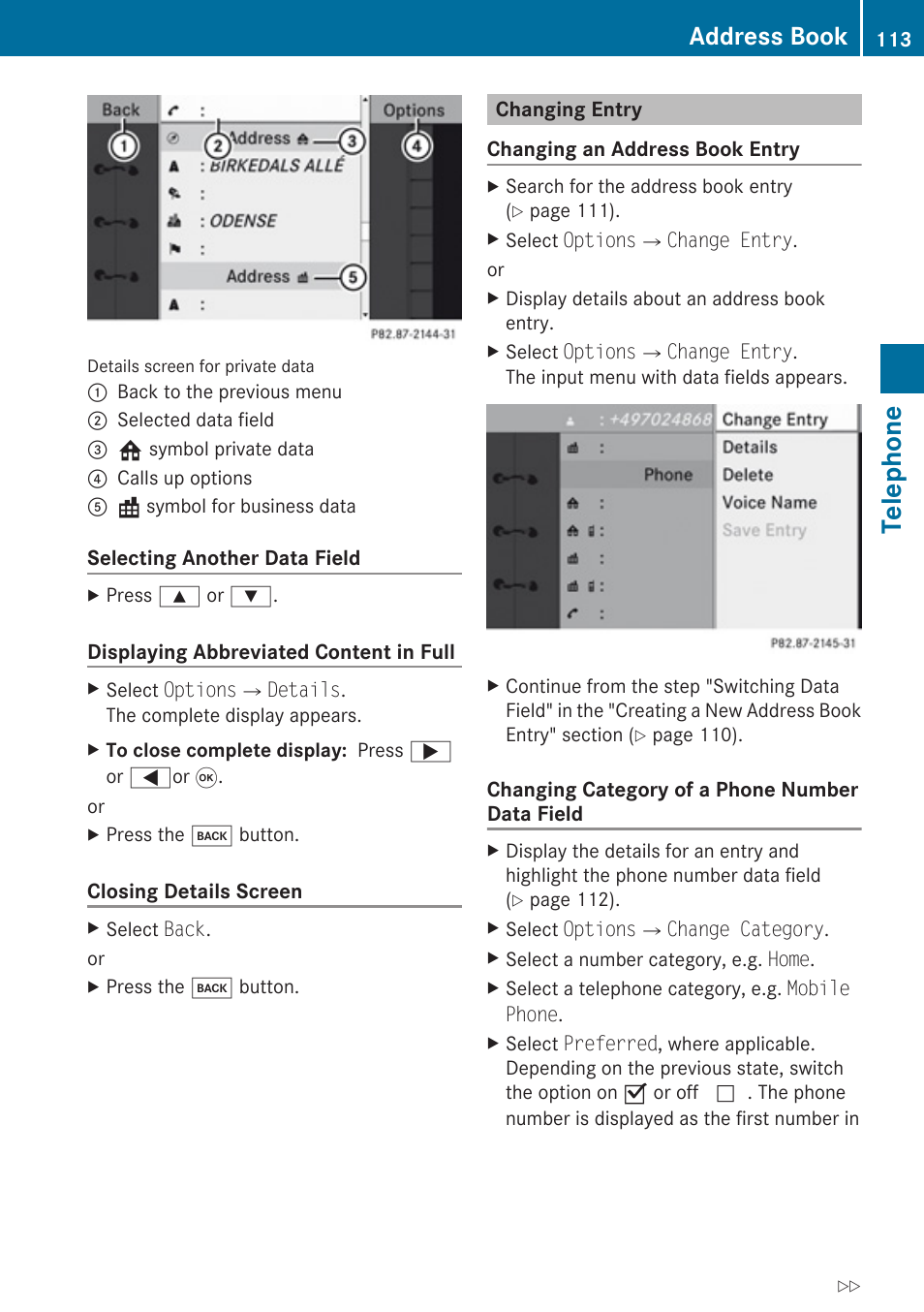 Changing entry, Telephone, Address book | Mercedes-Benz SLK-Class 2009 COMAND Manual User Manual | Page 115 / 220