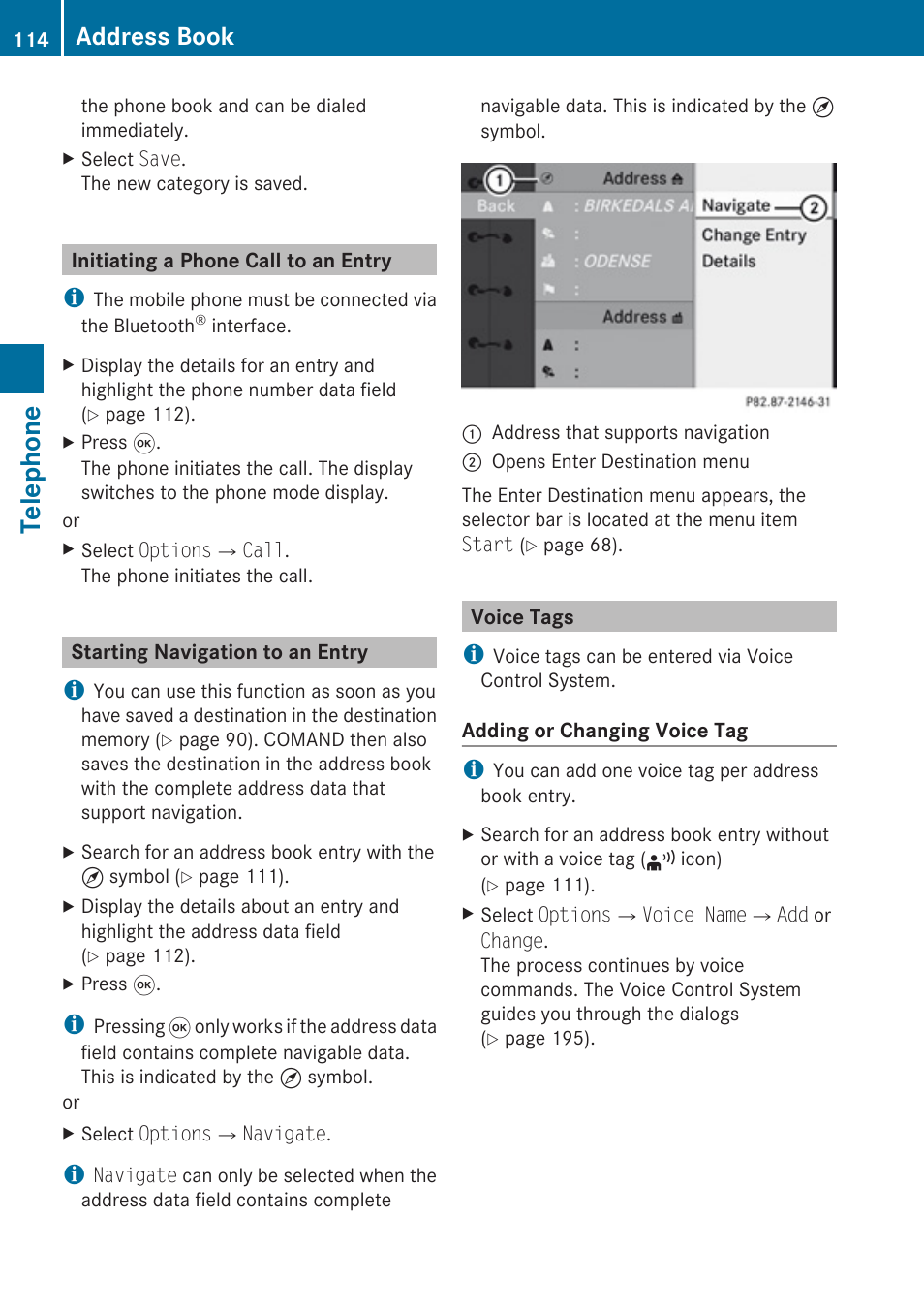 Initiating a phone call to an entry, Starting navigation to an entry, Voice tags | This kind of entry, Telephone, Address book | Mercedes-Benz SLK-Class 2009 COMAND Manual User Manual | Page 116 / 220