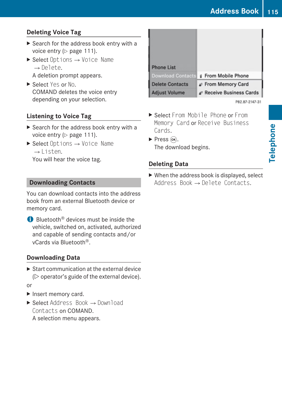 Downloading contacts, Telephone, Address book | Mercedes-Benz SLK-Class 2009 COMAND Manual User Manual | Page 117 / 220