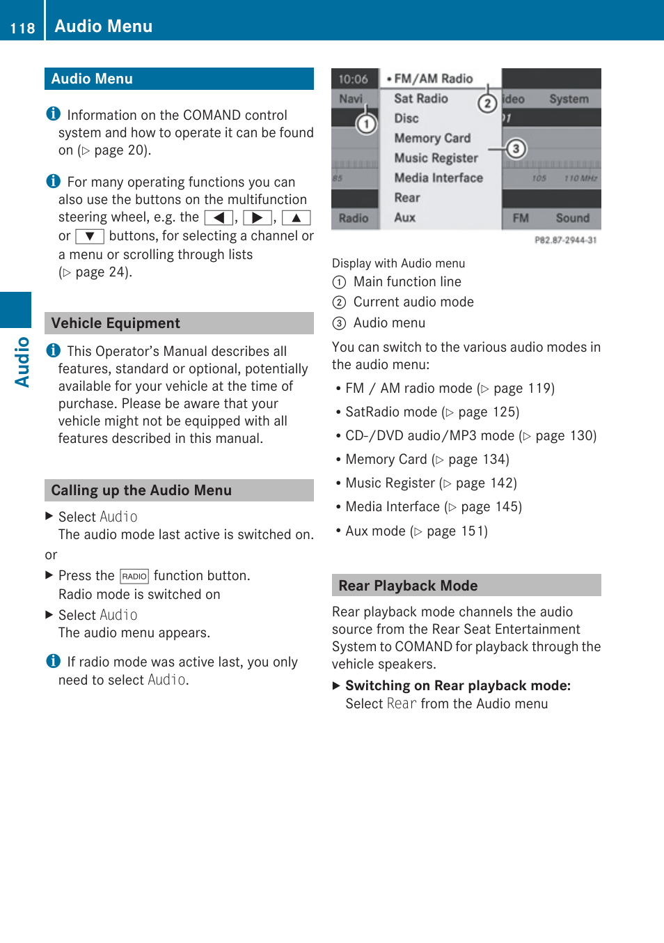 Audio, Audio menu, Vehicle equipment | Calling up the audio menu, Rear playback mode | Mercedes-Benz SLK-Class 2009 COMAND Manual User Manual | Page 120 / 220