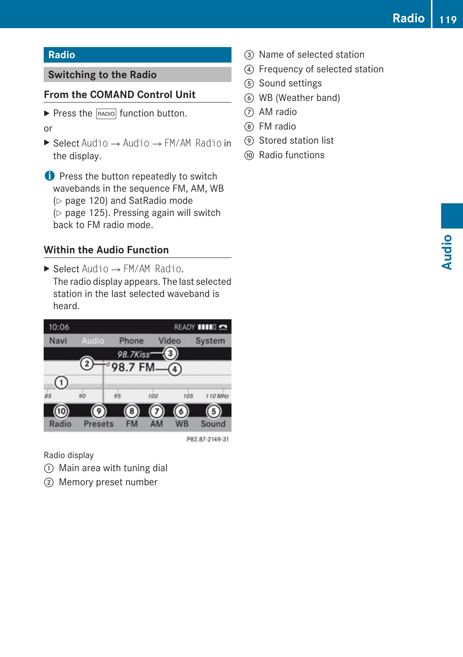 Radio, Switching to the radio, Fm / am radio mode | Audio | Mercedes-Benz SLK-Class 2009 COMAND Manual User Manual | Page 121 / 220