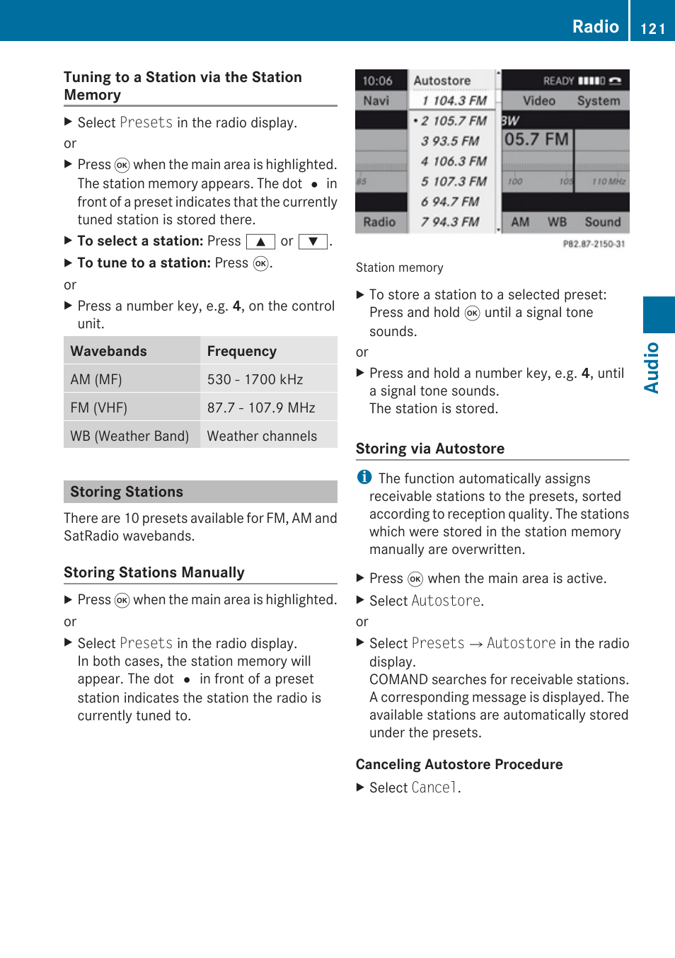 Storing stations, Audio, Radio | Mercedes-Benz SLK-Class 2009 COMAND Manual User Manual | Page 123 / 220