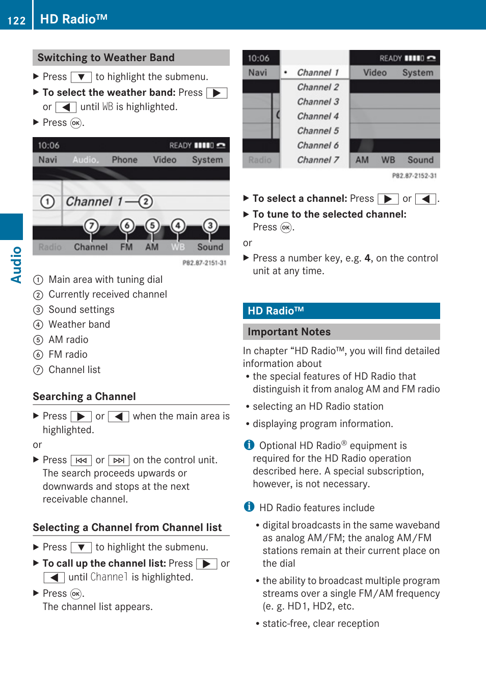 Switching to weather band, Hd radio, Important notes | Audio | Mercedes-Benz SLK-Class 2009 COMAND Manual User Manual | Page 124 / 220