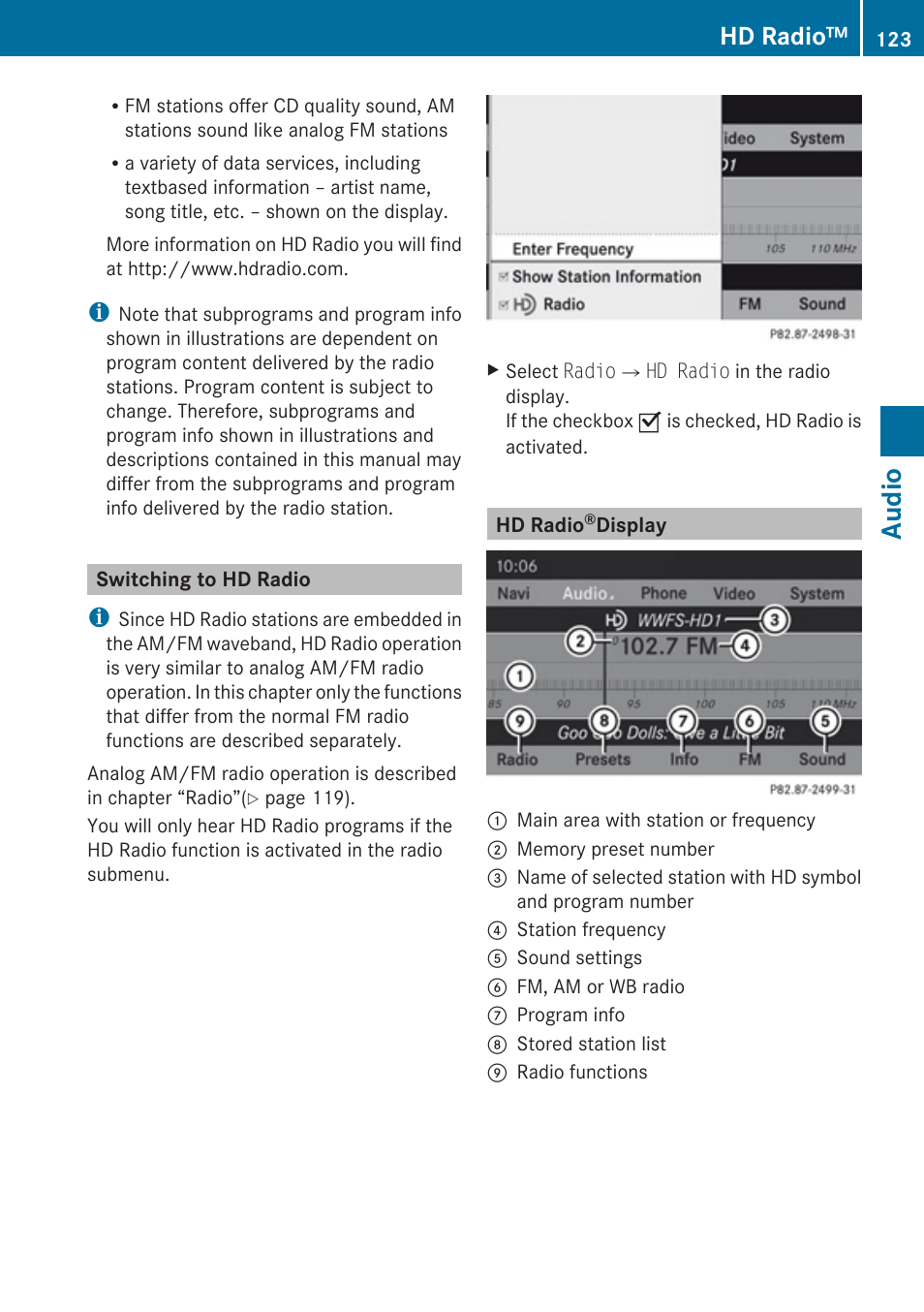 Switching to hd radio, Hd radio® display, Audio | Hd radio | Mercedes-Benz SLK-Class 2009 COMAND Manual User Manual | Page 125 / 220