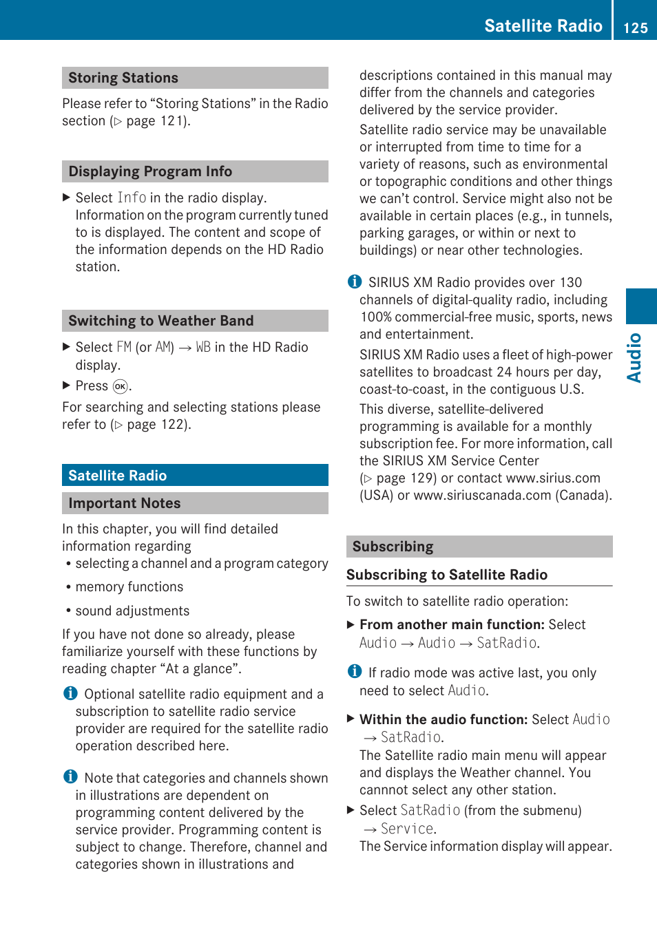 Storing stations, Displaying program info, Switching to weather band | Satellite radio, Important notes, Subscribing, Satradio mode, Mode, Audio | Mercedes-Benz SLK-Class 2009 COMAND Manual User Manual | Page 127 / 220