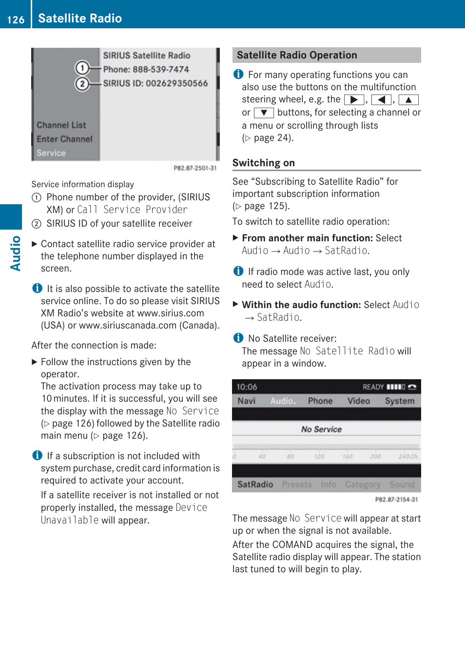Satellite radio operation, Audio, Satellite radio | Mercedes-Benz SLK-Class 2009 COMAND Manual User Manual | Page 128 / 220