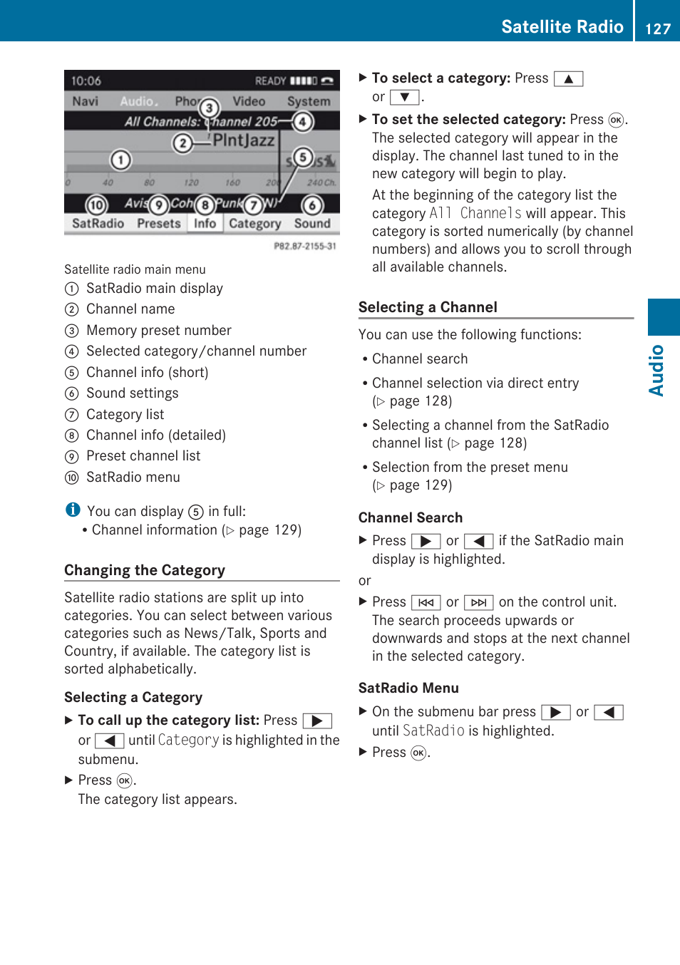 Audio, Satellite radio | Mercedes-Benz SLK-Class 2009 COMAND Manual User Manual | Page 129 / 220