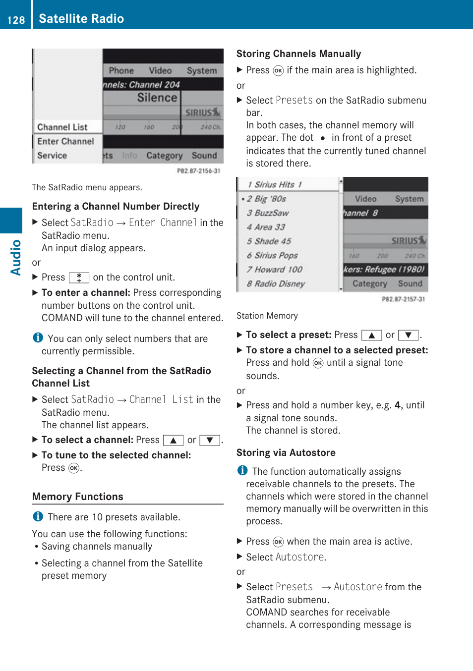 Channel list, Audio, Satellite radio | Mercedes-Benz SLK-Class 2009 COMAND Manual User Manual | Page 130 / 220