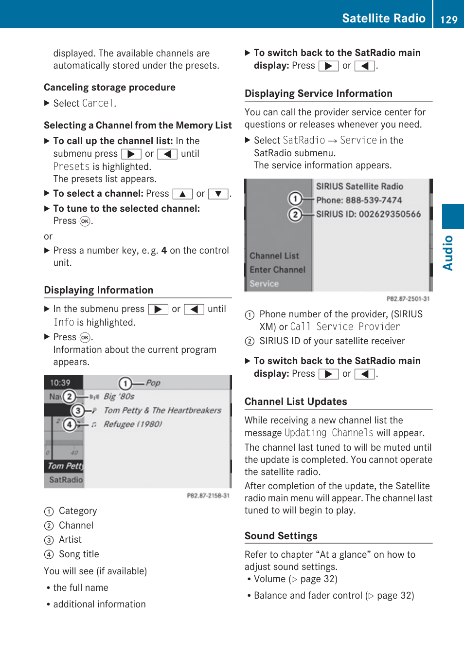 Channel information, Audio, Satellite radio | Mercedes-Benz SLK-Class 2009 COMAND Manual User Manual | Page 131 / 220