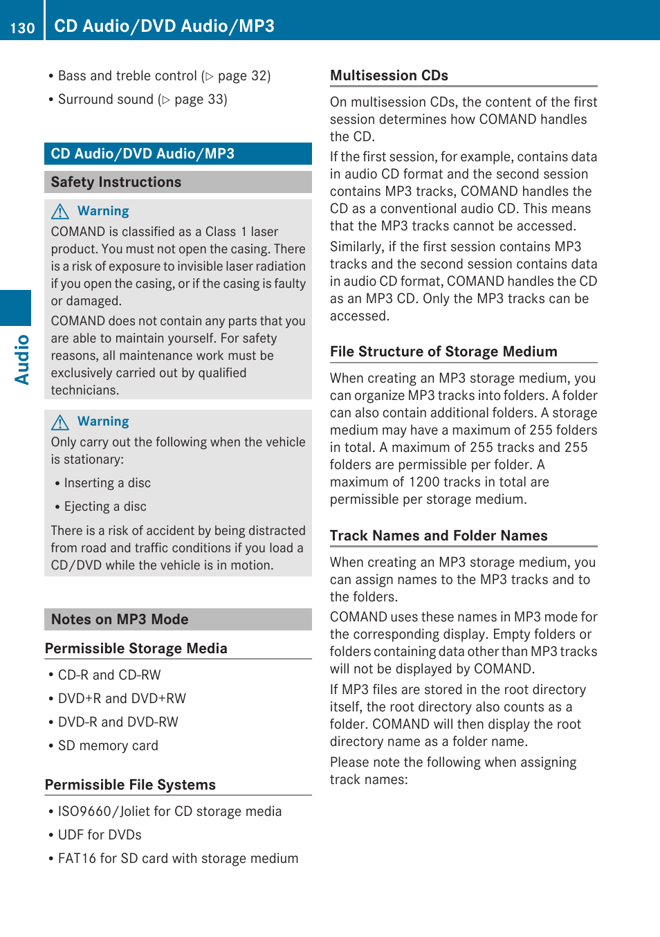 Cd audio/dvd audio/mp3, Safety instructions, Notes on mp3 mode | Cd-/dvd audio/mp3 mode, Audio | Mercedes-Benz SLK-Class 2009 COMAND Manual User Manual | Page 132 / 220
