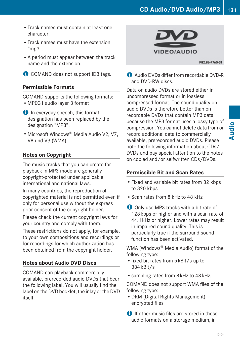 Audio, Cd audio/dvd audio/mp3 | Mercedes-Benz SLK-Class 2009 COMAND Manual User Manual | Page 133 / 220