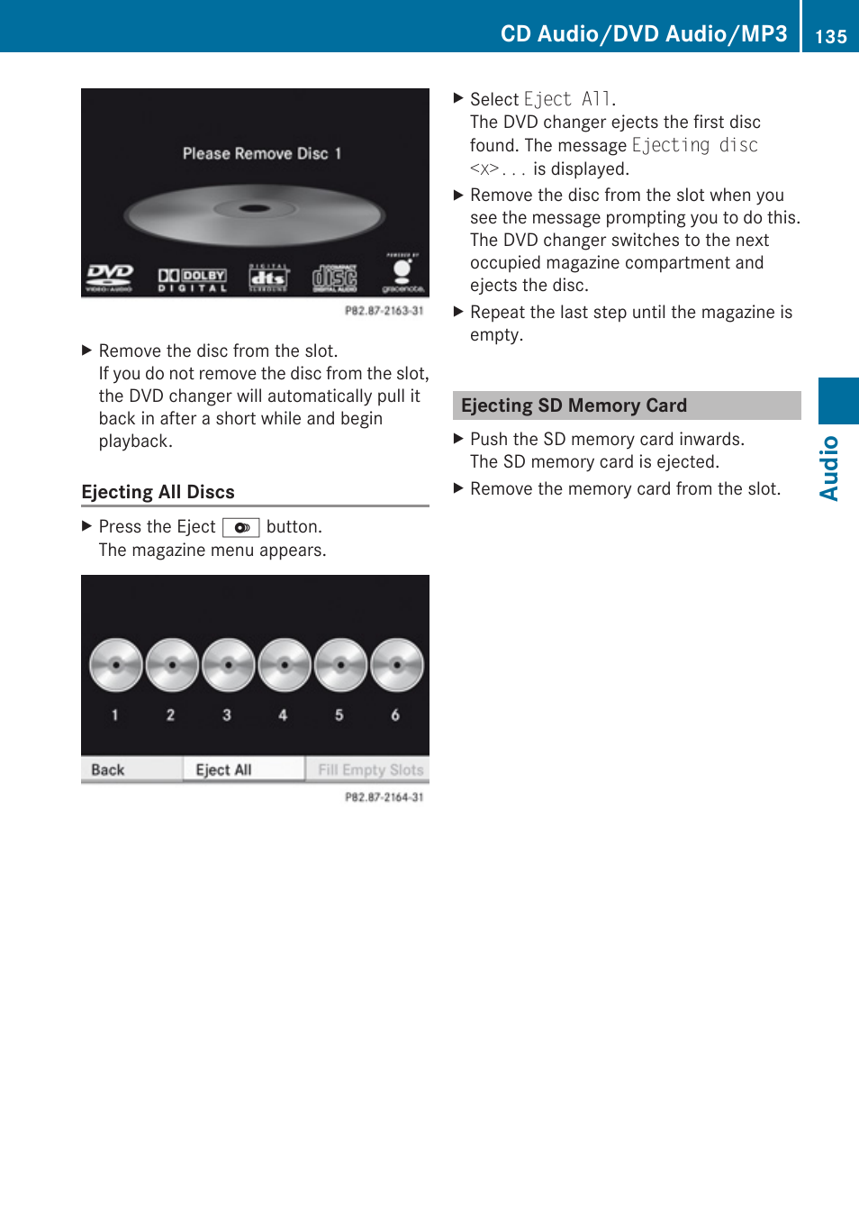 Ejecting sd memory card, Audio, Cd audio/dvd audio/mp3 | Mercedes-Benz SLK-Class 2009 COMAND Manual User Manual | Page 137 / 220