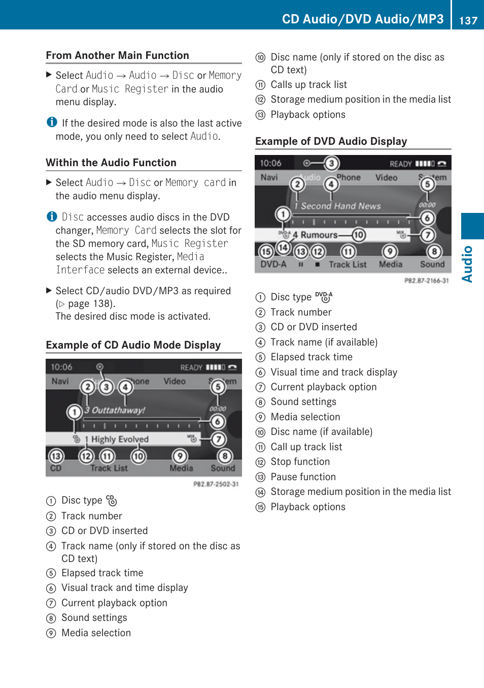 Audio, Cd audio/dvd audio/mp3 | Mercedes-Benz SLK-Class 2009 COMAND Manual User Manual | Page 139 / 220