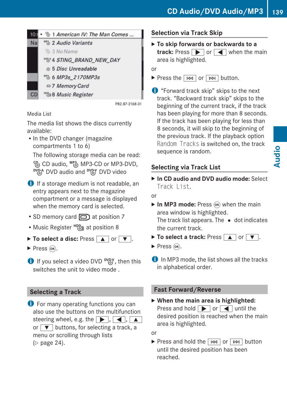 Selecting a track, Fast forward/reverse, Audio | Cd audio/dvd audio/mp3 | Mercedes-Benz SLK-Class 2009 COMAND Manual User Manual | Page 141 / 220