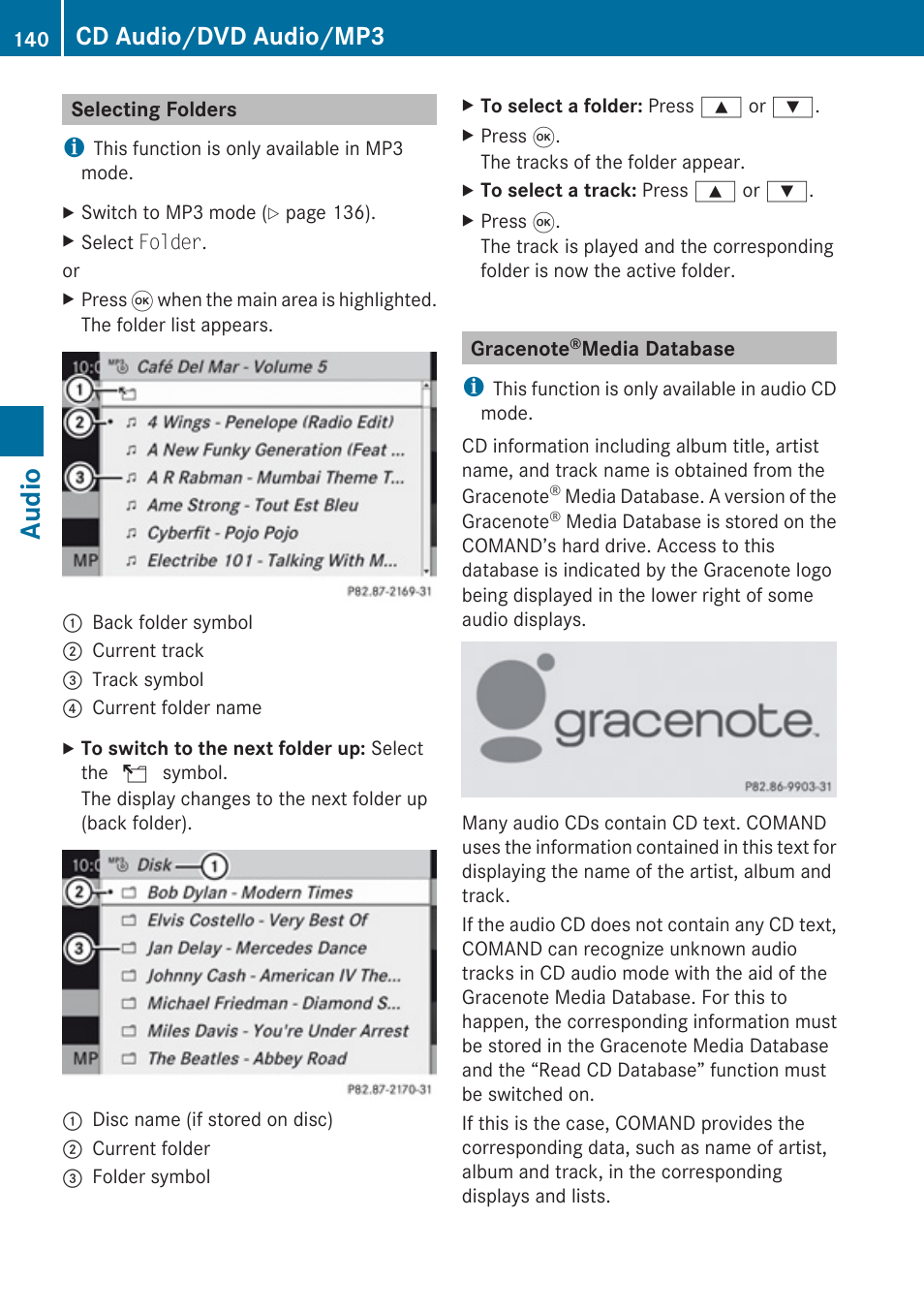 Selecting folders, Gracenote® media database, Audio | Cd audio/dvd audio/mp3 | Mercedes-Benz SLK-Class 2009 COMAND Manual User Manual | Page 142 / 220