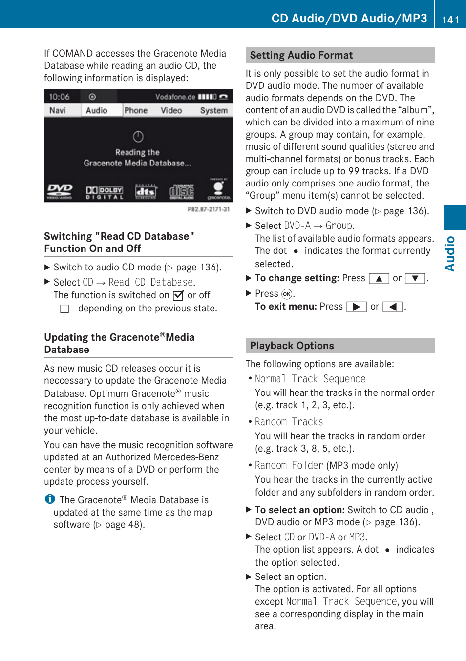 Setting audio format, Playback options, Audio | Cd audio/dvd audio/mp3 | Mercedes-Benz SLK-Class 2009 COMAND Manual User Manual | Page 143 / 220