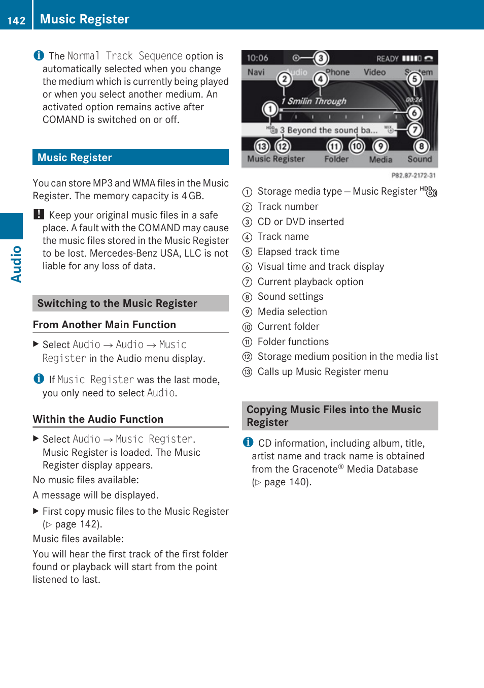 Music register, Switching to the music register, Copying music files into the music register | Audio | Mercedes-Benz SLK-Class 2009 COMAND Manual User Manual | Page 144 / 220
