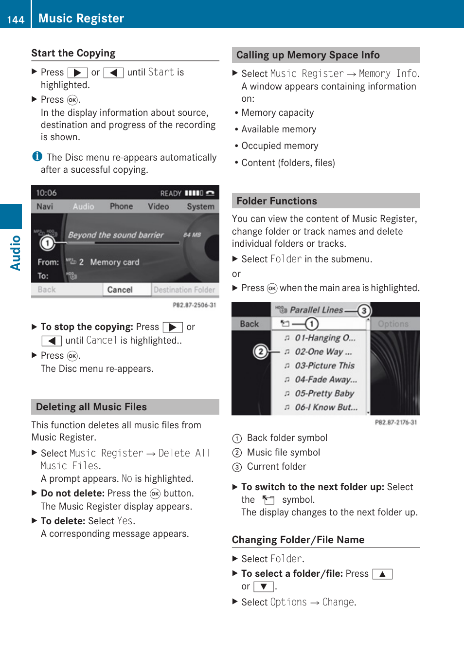 Deleting all music files, Calling up memory space info, Folder functions | Audio, Music register | Mercedes-Benz SLK-Class 2009 COMAND Manual User Manual | Page 146 / 220