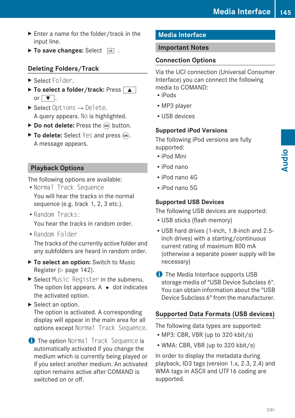 Playback options, Media interface, Important notes | Audio | Mercedes-Benz SLK-Class 2009 COMAND Manual User Manual | Page 147 / 220