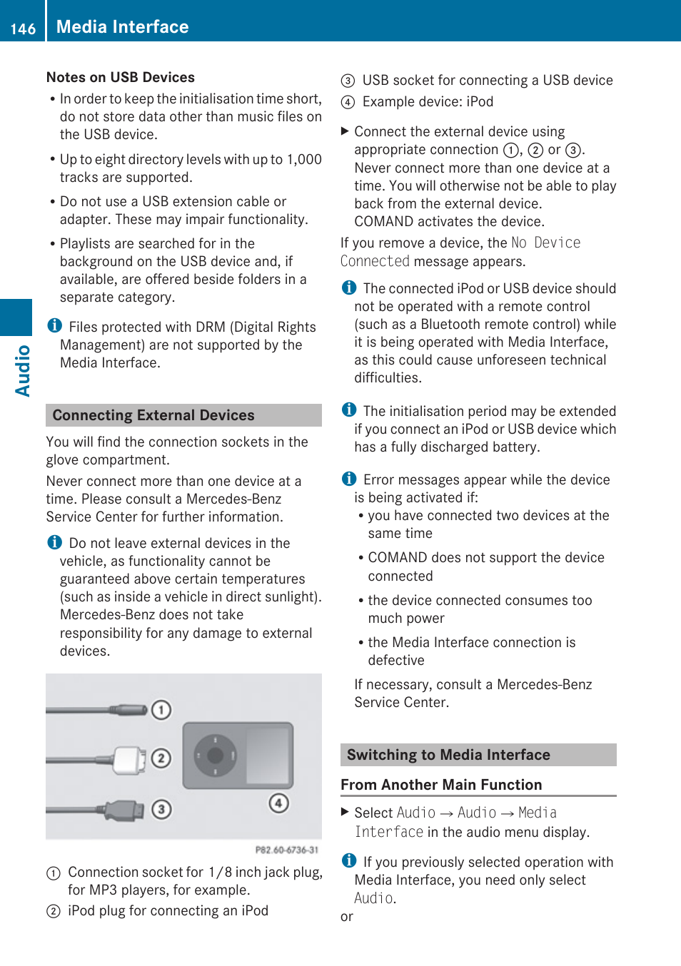 Connecting external devices, Switching to media interface, Audio | Media interface | Mercedes-Benz SLK-Class 2009 COMAND Manual User Manual | Page 148 / 220