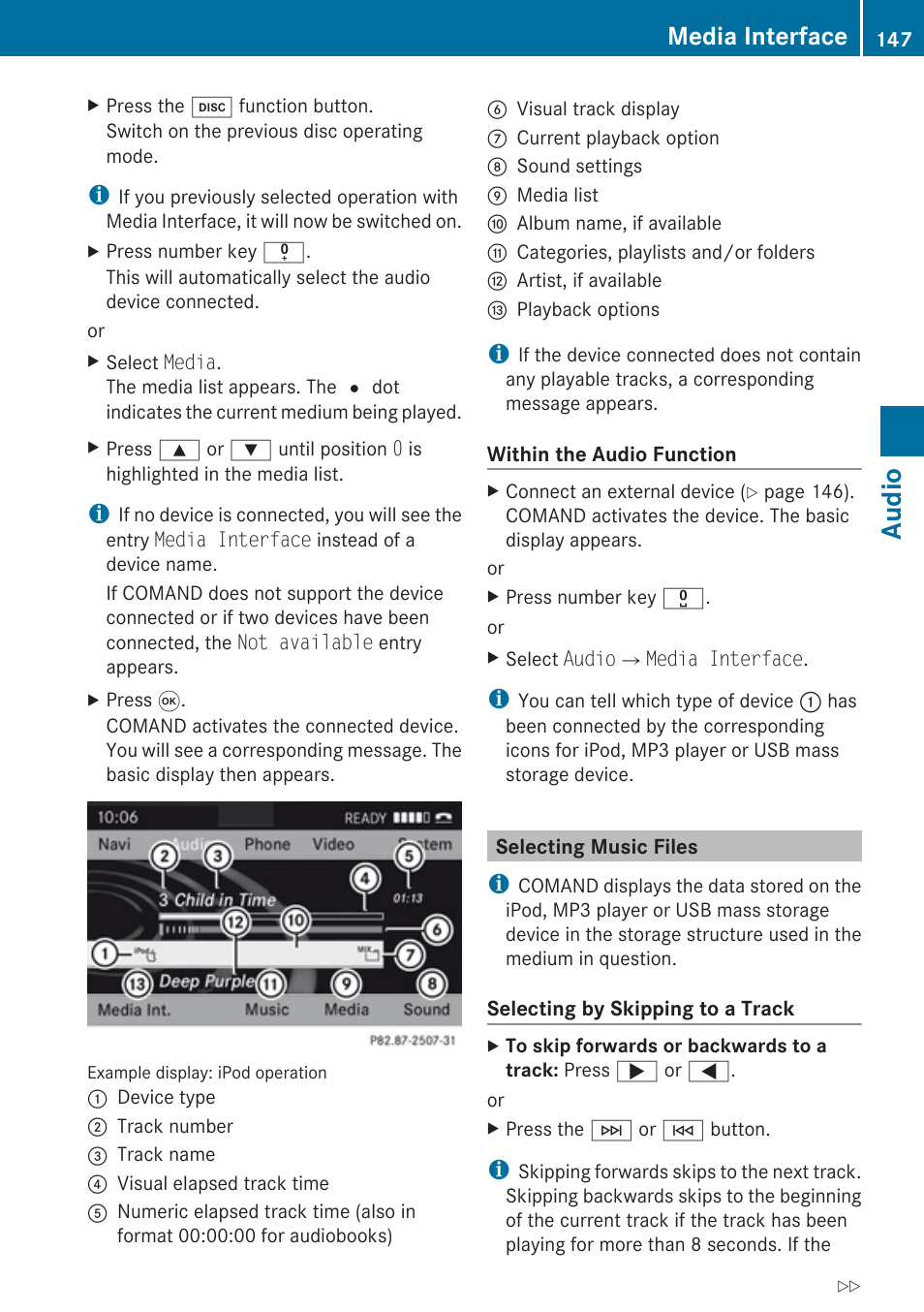 Selecting music files, Audio, Media interface | Mercedes-Benz SLK-Class 2009 COMAND Manual User Manual | Page 149 / 220