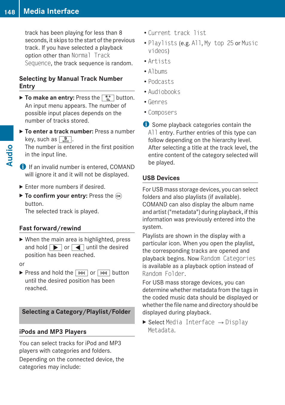 Selecting a category/playlist/folder, Audio, Media interface | Mercedes-Benz SLK-Class 2009 COMAND Manual User Manual | Page 150 / 220