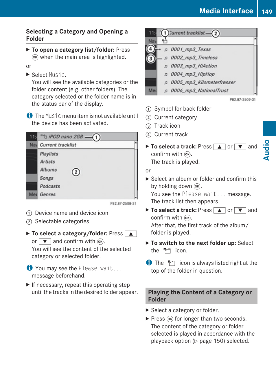Playing the content of a category or folder, Audio, Media interface | Mercedes-Benz SLK-Class 2009 COMAND Manual User Manual | Page 151 / 220
