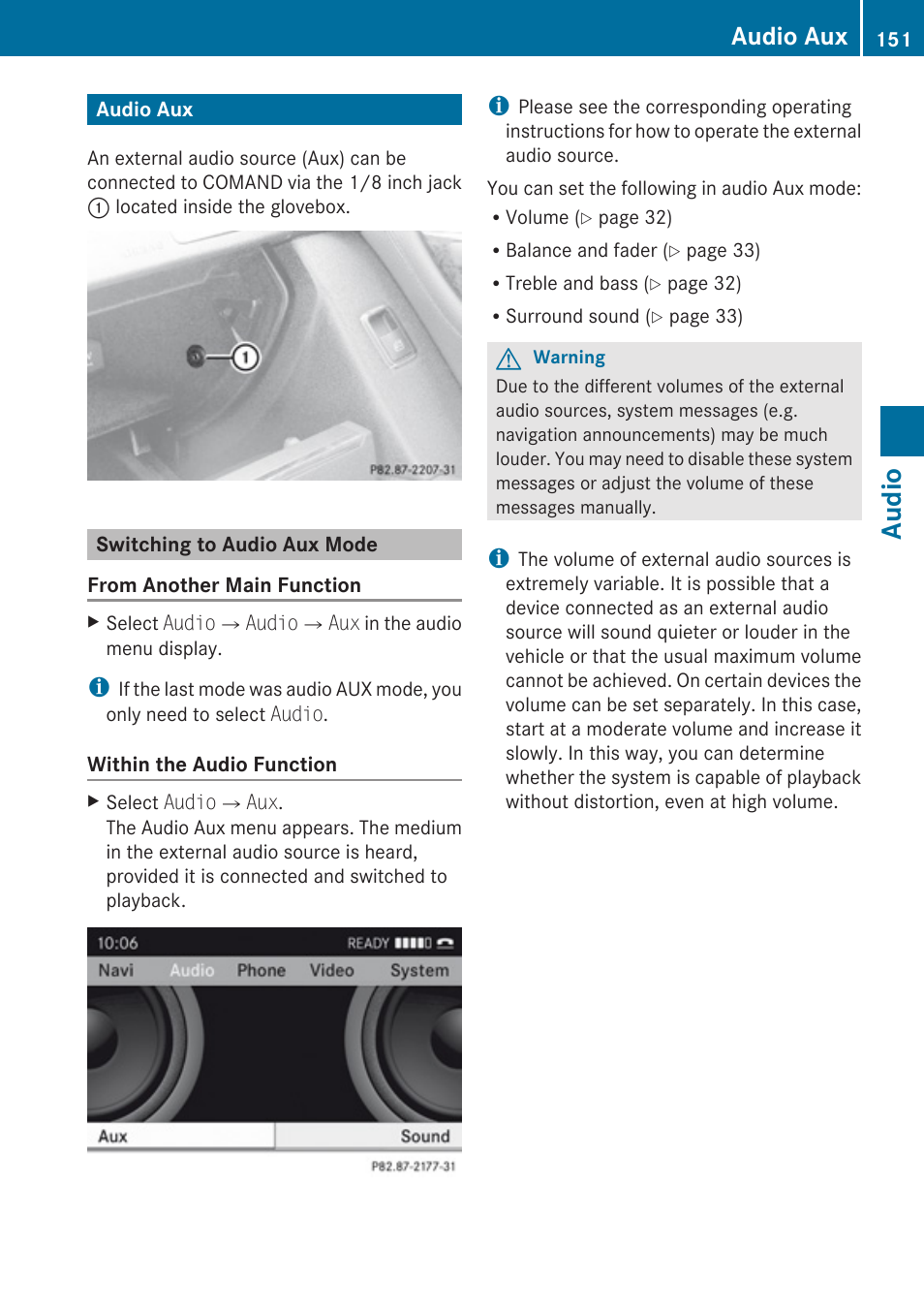 Audio aux, Switching to audio aux mode, Aux mode | Audio | Mercedes-Benz SLK-Class 2009 COMAND Manual User Manual | Page 153 / 220