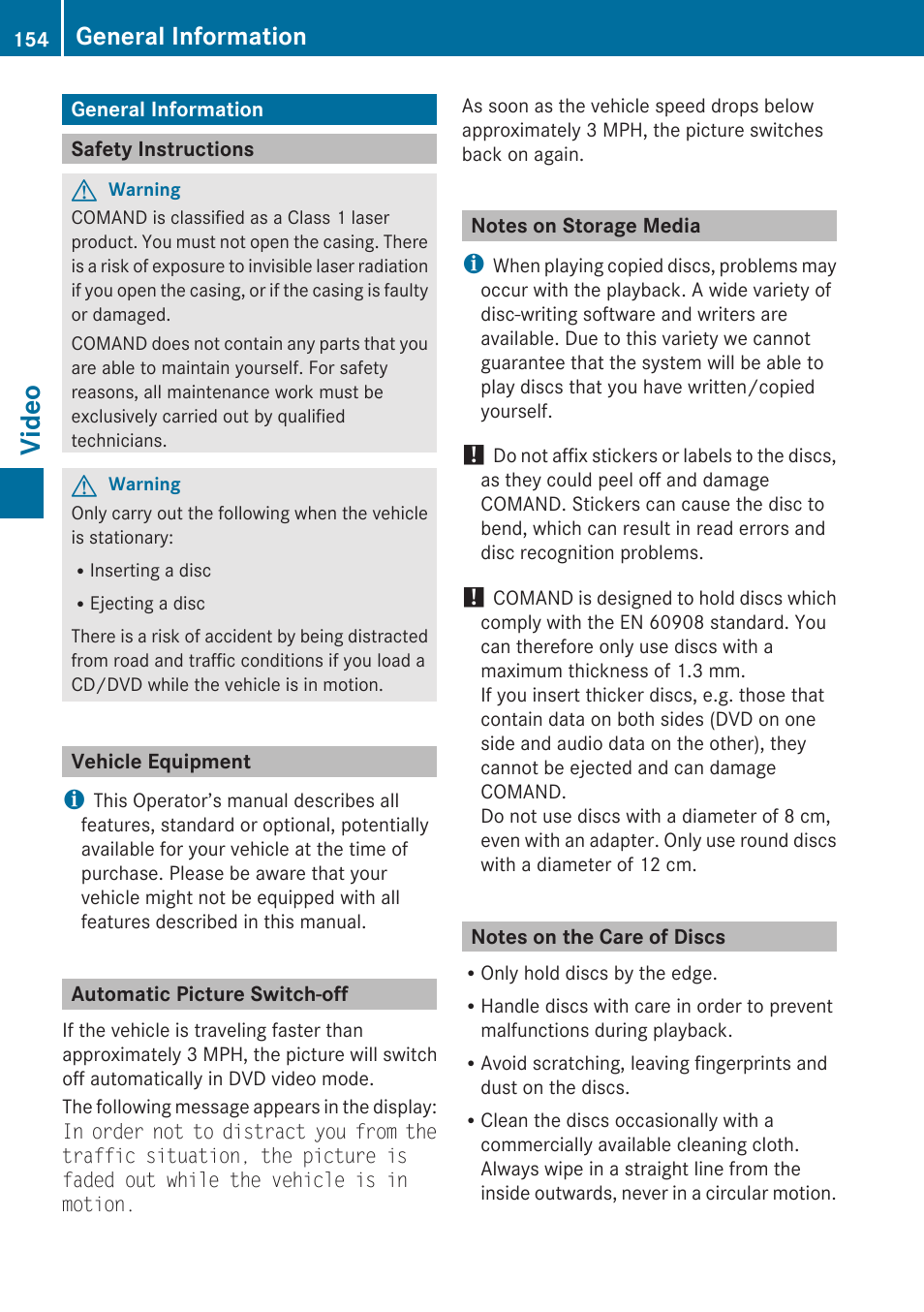 Video, General information, Safety instructions | Vehicle equipment, Automatic picture switch-off, Notes on storage media, Notes on the care of discs | Mercedes-Benz SLK-Class 2009 COMAND Manual User Manual | Page 156 / 220