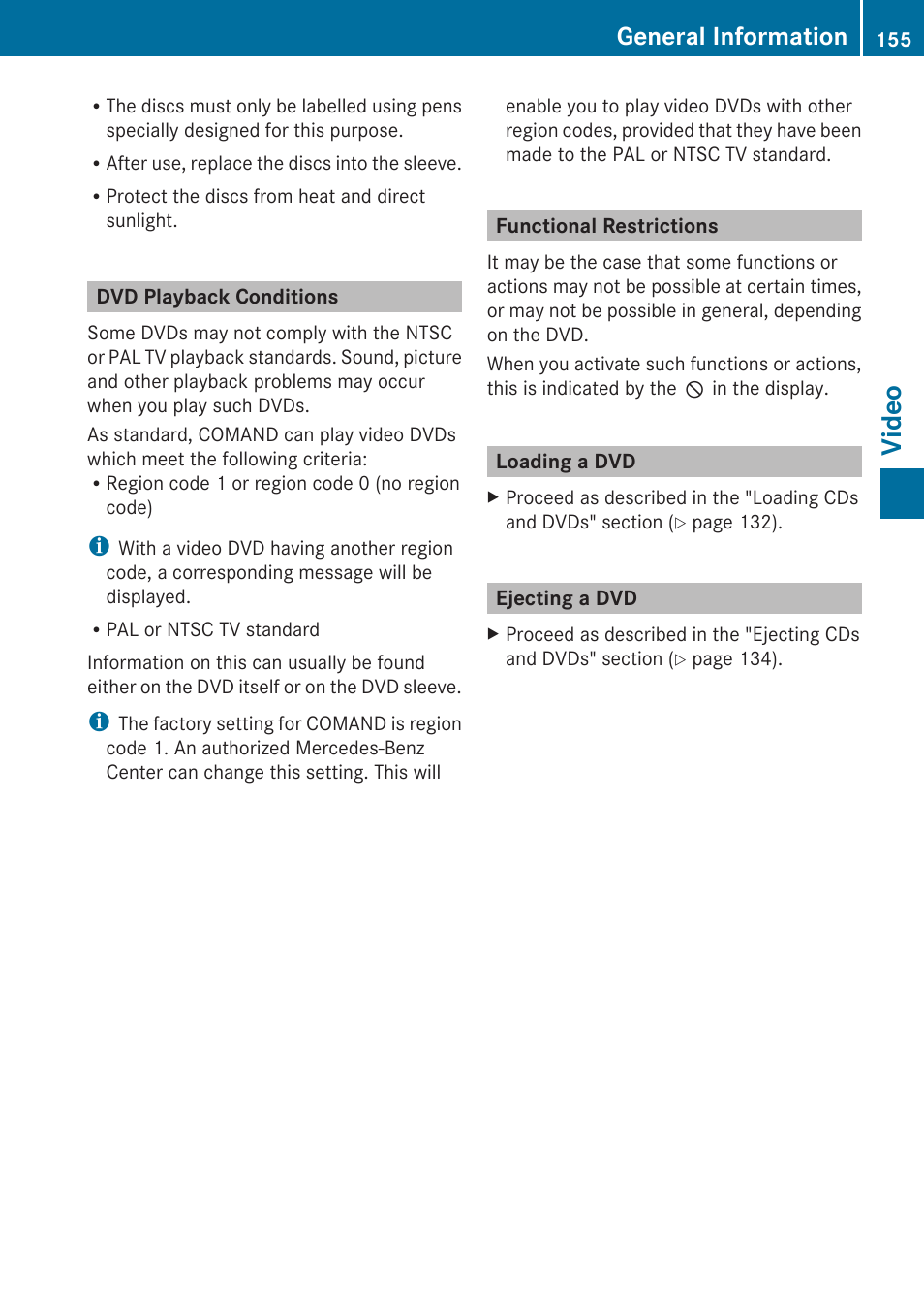 Dvd playback conditions, Functional restrictions, Loading a dvd | Ejecting a dvd, Video, General information | Mercedes-Benz SLK-Class 2009 COMAND Manual User Manual | Page 157 / 220