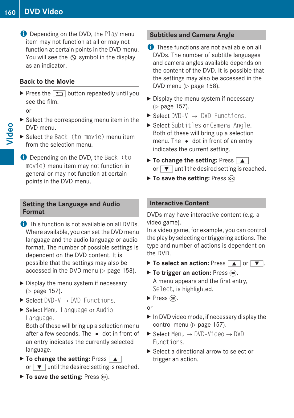 Setting the language and audio format, Subtitles and camera angle, Interactive content | Video, Dvd video | Mercedes-Benz SLK-Class 2009 COMAND Manual User Manual | Page 162 / 220