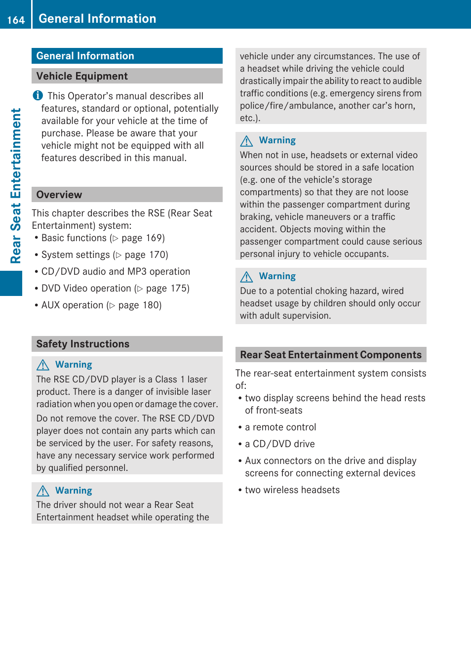 Rear seat entertainment, General information, Vehicle equipment | Overview, Safety instructions, Rear seat entertainment components | Mercedes-Benz SLK-Class 2009 COMAND Manual User Manual | Page 166 / 220