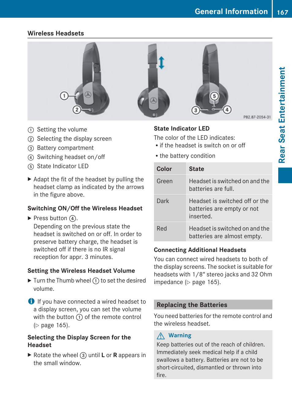 Replacing the batteries, Rear seat entertainment, General information | Mercedes-Benz SLK-Class 2009 COMAND Manual User Manual | Page 169 / 220
