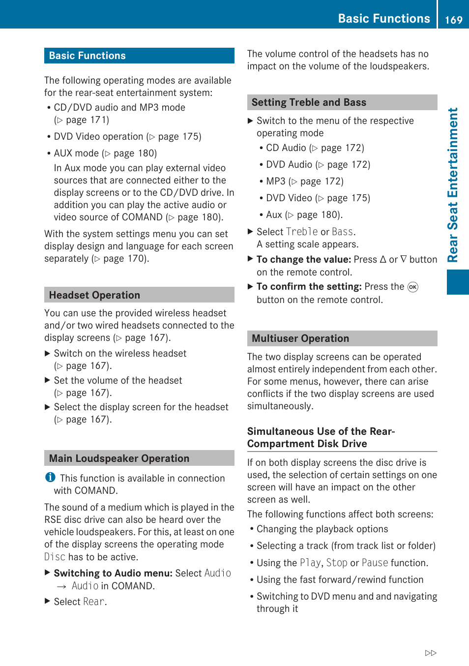 Basic functions, Headset operation, Main loudspeaker operation | Setting treble and bass, Multiuser operation, Rear seat entertainment | Mercedes-Benz SLK-Class 2009 COMAND Manual User Manual | Page 171 / 220