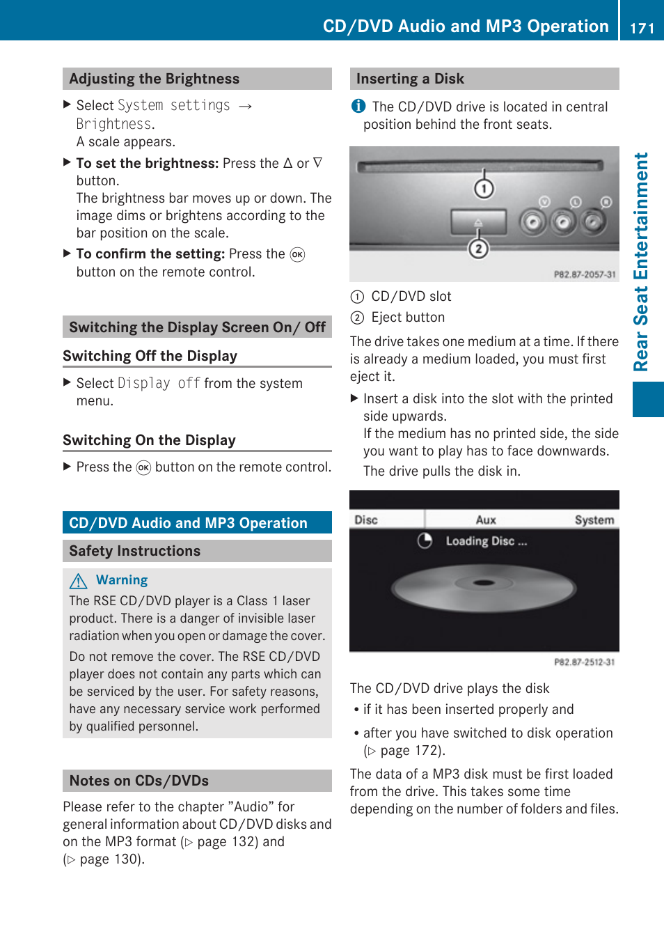 Adjusting the brightness, Switching the display screen on/ off, Cd/dvd audio and mp3 operation | Safety instructions, Notes on cds/dvds, Inserting a disk, Rear seat entertainment | Mercedes-Benz SLK-Class 2009 COMAND Manual User Manual | Page 173 / 220