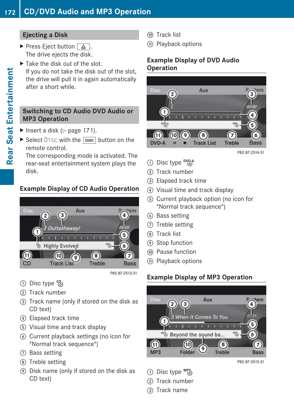Ejecting a disk, Switching to cd audio dvd audio or mp3 operation, Cd audio | Dvd audio, Rear seat entertainment, Cd/dvd audio and mp3 operation | Mercedes-Benz SLK-Class 2009 COMAND Manual User Manual | Page 174 / 220
