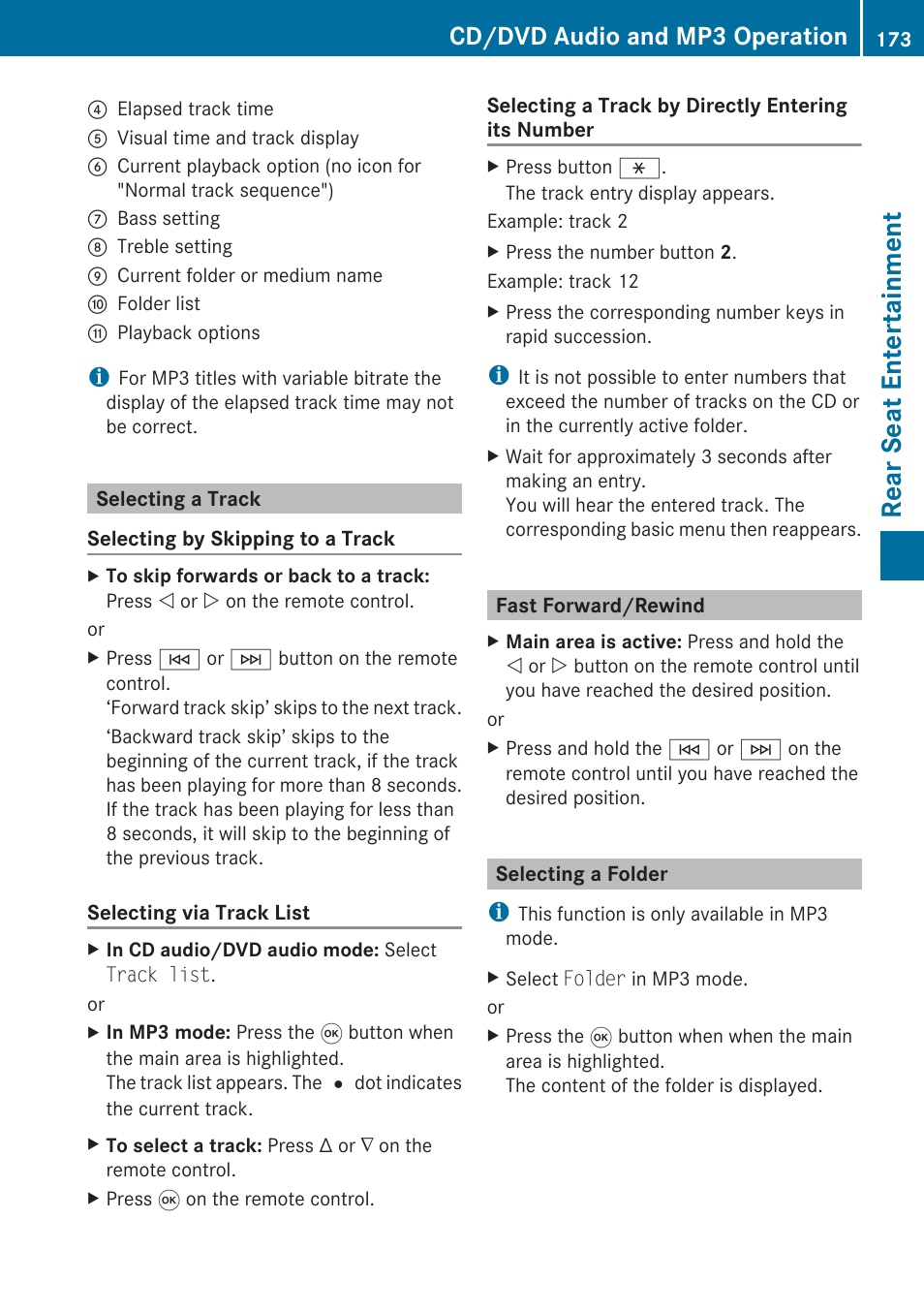 Selecting a track, Fast forward/rewind, Selecting a folder | Rear seat entertainment, Cd/dvd audio and mp3 operation | Mercedes-Benz SLK-Class 2009 COMAND Manual User Manual | Page 175 / 220