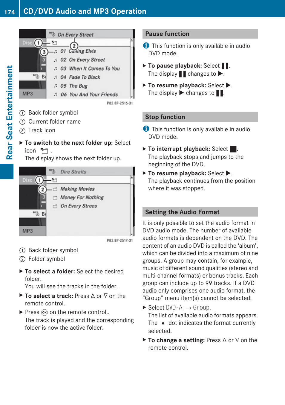 Pause function, Stop function, Setting the audio format | Rear seat entertainment, Cd/dvd audio and mp3 operation | Mercedes-Benz SLK-Class 2009 COMAND Manual User Manual | Page 176 / 220