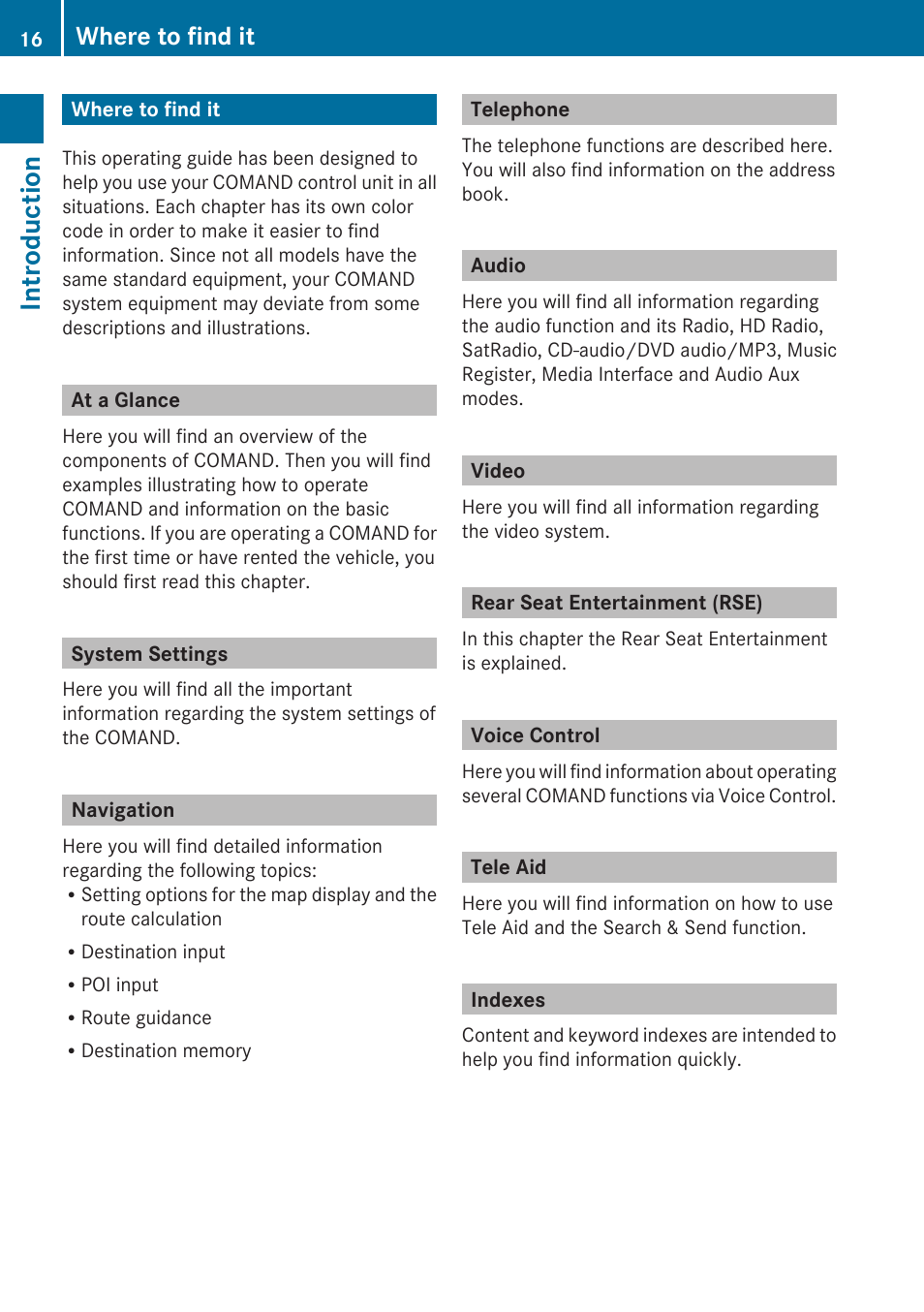 Introduction, Where to find it, At a glance | System settings, Navigation, Telephone, Audio, Video, Rear seat entertainment (rse), Voice control | Mercedes-Benz SLK-Class 2009 COMAND Manual User Manual | Page 18 / 220