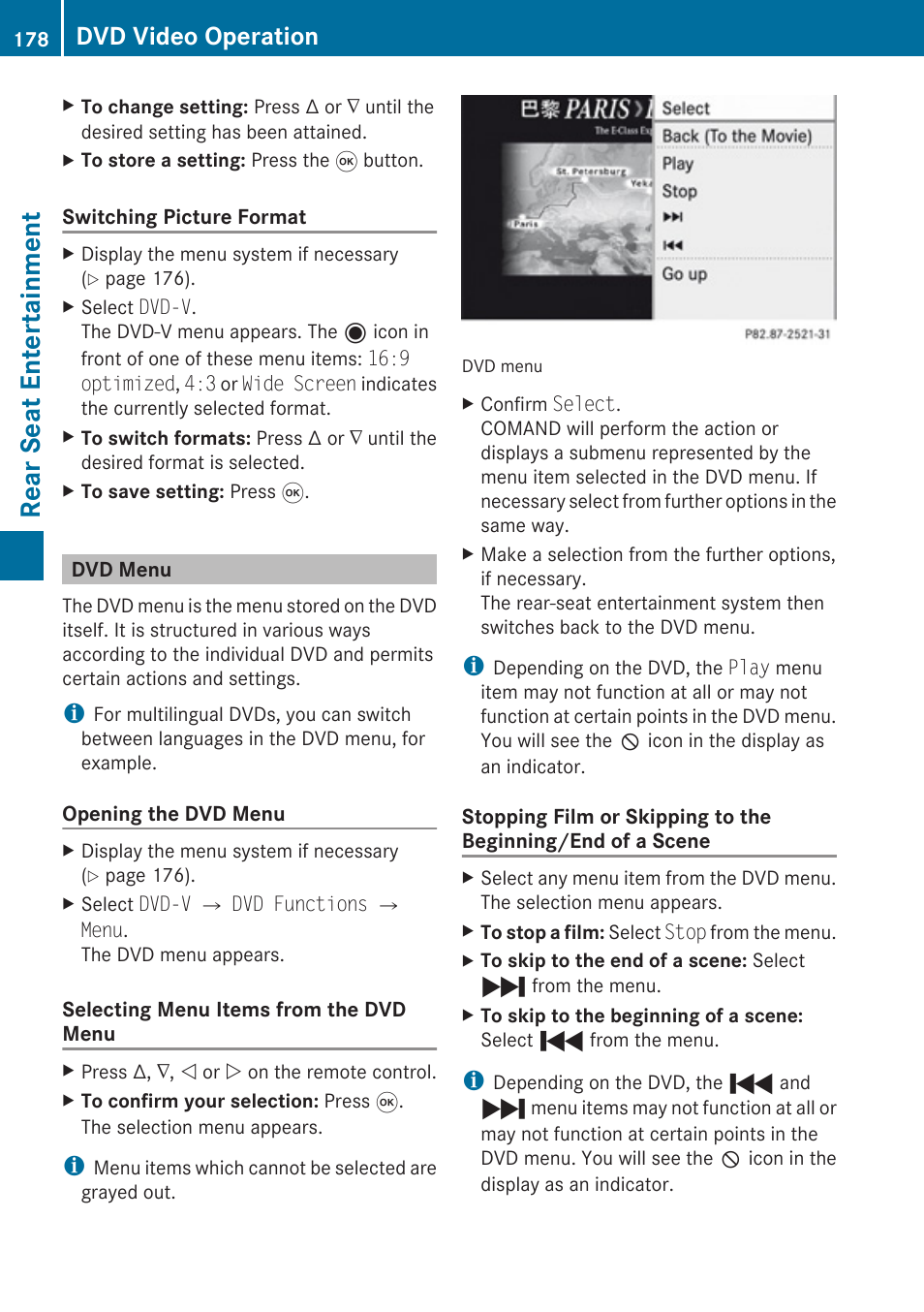 Dvd menu, Rear seat entertainment, Dvd video operation | Mercedes-Benz SLK-Class 2009 COMAND Manual User Manual | Page 180 / 220