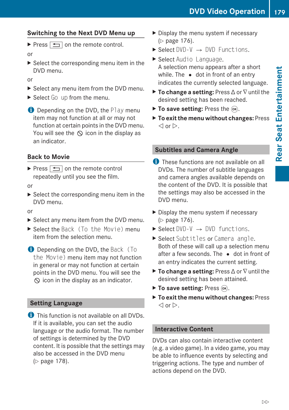 Setting language, Subtitles and camera angle, Interactive content | Rear seat entertainment, Dvd video operation | Mercedes-Benz SLK-Class 2009 COMAND Manual User Manual | Page 181 / 220